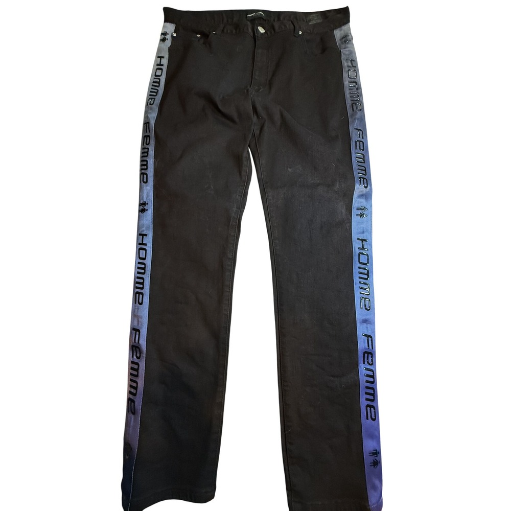 Homme + Femme Mens Black Denim Side Stripe Logo Straight Leg Jeans Streetwear